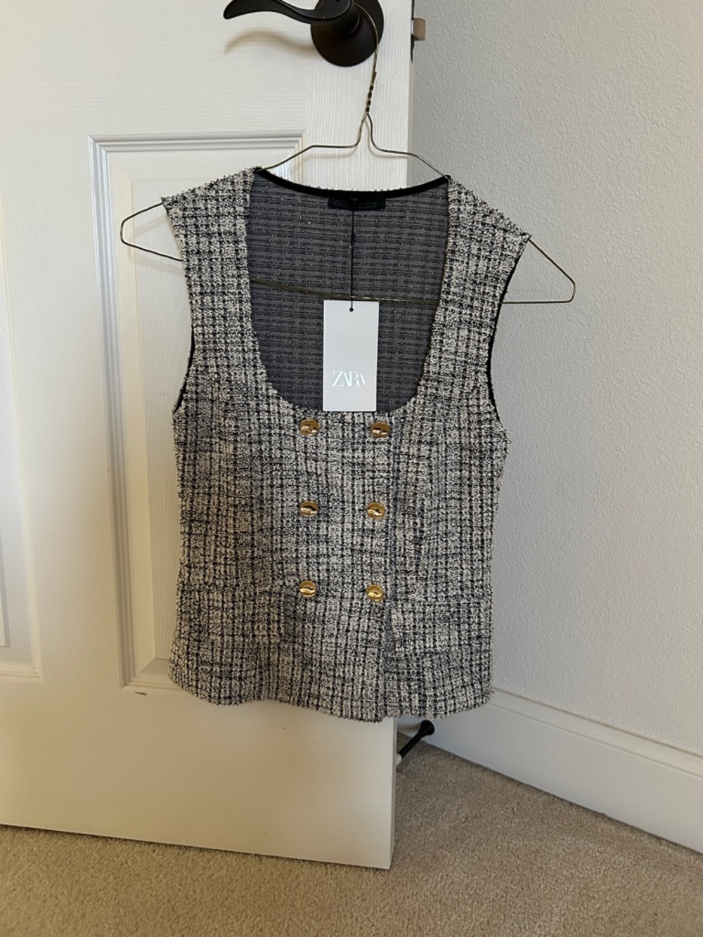 ZARA Black & White Tweed Double-Breasted Vest with Gold Buttons